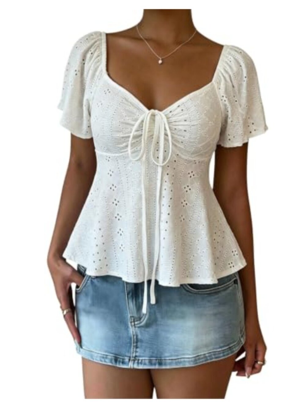 SOLY HUX Women's Peplum Blouse Bow Front Sweetheart Neck Short Sleeve Eyelet